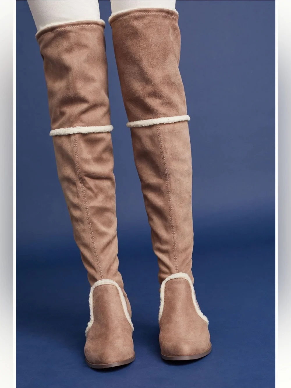 Charles David Taupe Over-the-Knee Faux-Suede Boots with Shearling Trim